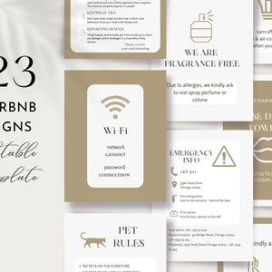 Pakiet szablonów znaków Airbnb, Eleganckie plakaty na wynajem krótkoterminowy, Pakiet Canva do personalizacji, Hasło Wi-Fi, Zasady domu, Supergospodarz, Wymeldowanie