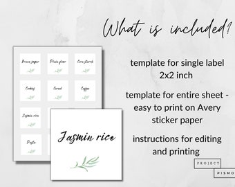 2 inch pantry labels for avery 22806, rectangle stickers template for  kitchen, storage organization, green leaf minimalistic square tags