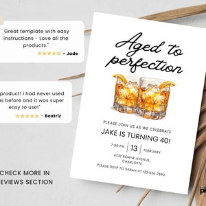 May include: A white invitation card with a black and white illustration of two glasses of whiskey. The text on the card reads "Aged to perfection" and "Jake is turning 40!" with the date and time of the event. The invitation is for a 40th birthday party.