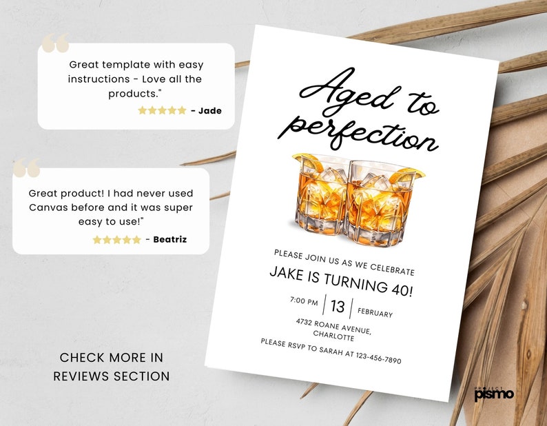 May include: A white invitation card with a black and white illustration of two glasses of whiskey. The text on the card reads "Aged to perfection" and "Jake is turning 40!" with the date and time of the event. The invitation is for a 40th birthday party.