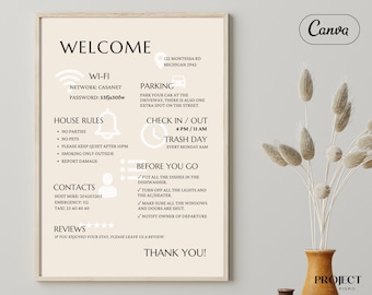 Plantilla de cartel de bienvenida de Airbnb: información personalizable para huéspedes (Canva)