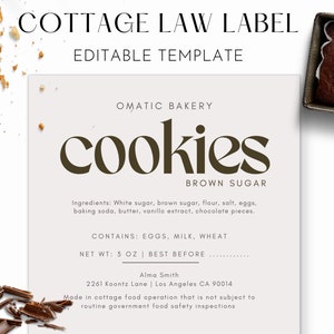 Cottage Food Law Label Template Canva, Editable Elegant Cookies Ingredients Labels, Custom Home Bakery Sticker, Printable Food License Label
