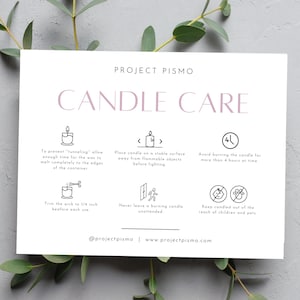Scheda minimalista per la cura delle candele, Istruzioni stampabili per la cura delle candele, Schede di sicurezza delle candele, Modello Canva, Cura del prodotto modificabile per il cliente