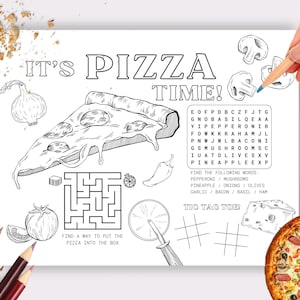 Niños Pizza Fiesta Actividad Placemat Imprimible Pizza Noche Para Colorear Página Niños Cumpleaños, Actividad Mesa Mat, A4 Carta EE.UU. DESCARGA INSTANTÁNEA