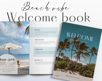 HomeAway Beach House Rental, Guest Guidebook Airbnb, Airbnb Welcome book, Canva template, VRBO House manual blue coastal tropical and summer