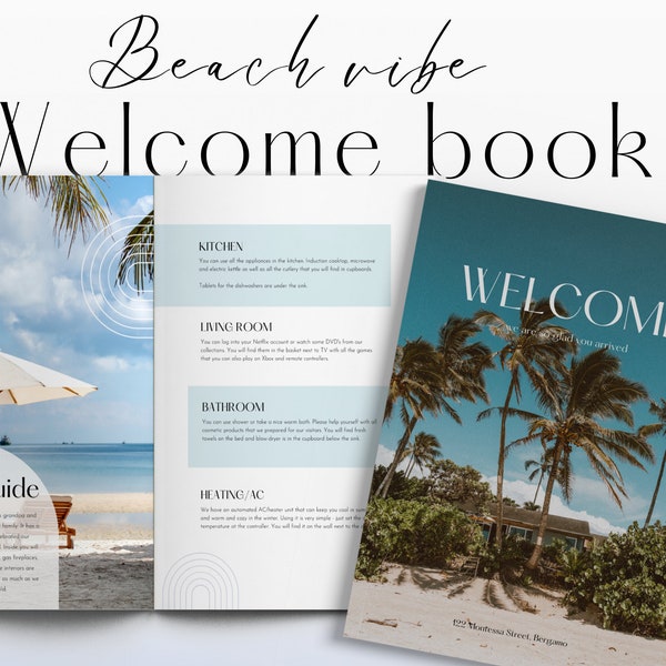 HomeAway Beach House Rental, Guest Guidebook Airbnb, Airbnb Welcome book, Canva template, VRBO House manual blue coastal tropical and summer