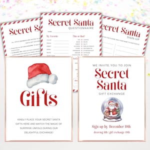 Wichtelvorlagen-Bundle, geheimer Weihnachtsfragebogen, druckbare Geschenkbörse Büroparty, Weihnachtsgeschenktausch-Einladung, Forms-Schilder-Regeln