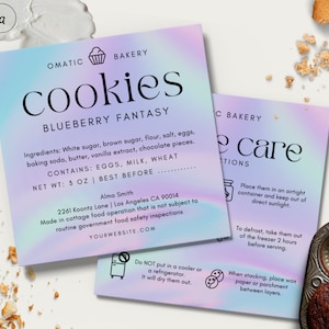 Bakery Label Template: Unicorn Holographic Cookie Care & Thank You Note, Editable Canva Template,