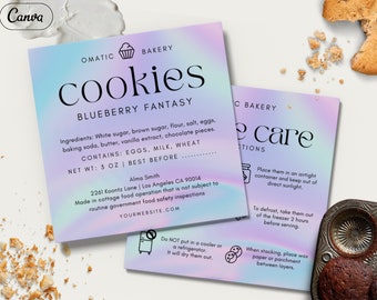 Bakery Label Template: Unicorn Holographic Cookie Care & Thank You Note, Editable Canva Template,