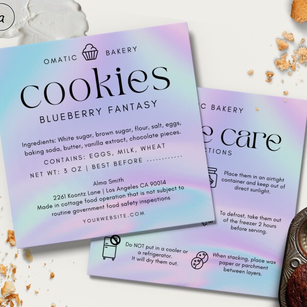 Bakery Label Template: Unicorn Holographic Cookie Care & Thank You Note, Editable Canva Template,