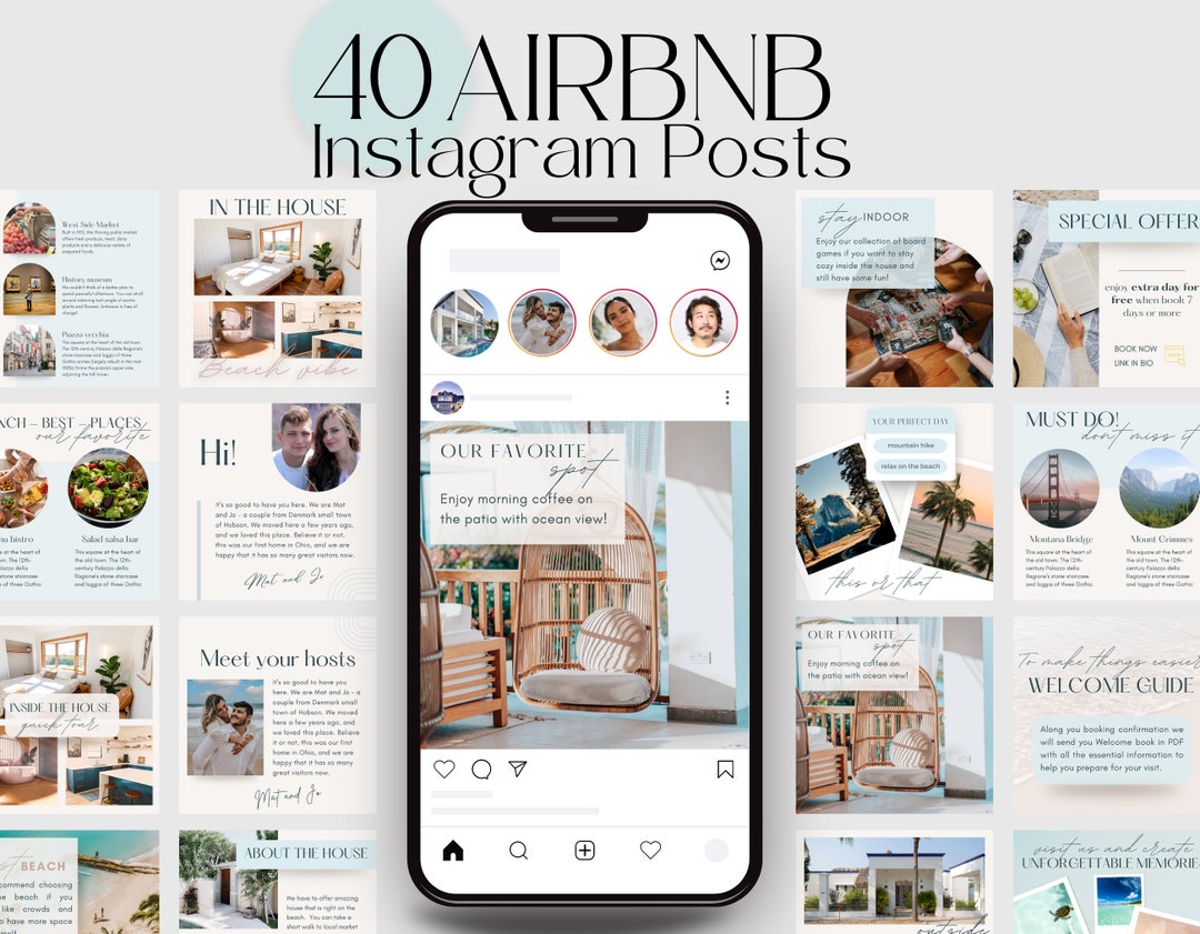 Airbnb Instagram Template, 40 Posts With Beach Ocean Vibe, Social Media