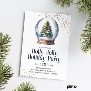 Holly Jolly Holiday Party - Invitation Template, Christmas Dinner Invite, Snow Globe Watercolor Canva, Modern Xmas Party Printable Invite