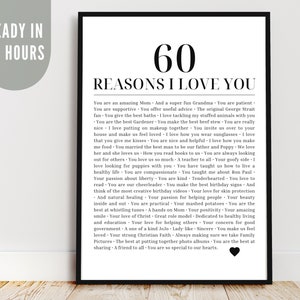 Cartello stampabile personalizzato con 60 motivi per cui ti amo, regalo per il 60° compleanno, regalo da familiari e amici, poster stampabile per il 50° compleanno
