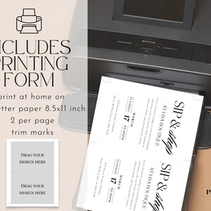 May include: Printable invitation template for a Sip & Shop event at Lisa Boutique. The template includes trim marks for easy cutting and is designed to print two invitations per 8.5x11 inch sheet of paper.