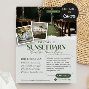 以下が含まれることがあります： イベント会場であるサンセットバーンのプロモーションフライヤー。素朴なデザインで、結婚式の写真が掲載されています。フライヤーには「Where Your Forever Begins」というテキストと、会場のアメニティと連絡先の詳細が含まれています。