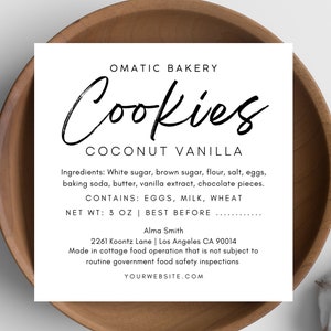 Home Baked Goods Label, Cottage Food Law Label Template Canva, Cupcake Ingredient List, Minimalistic Printable Food License Allergens Info