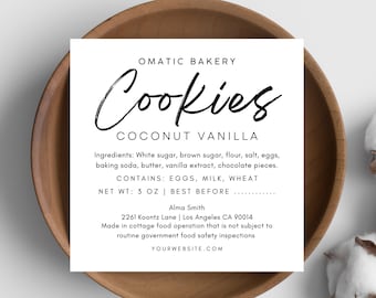 Home Baked Goods Label, Cottage Food Law Label Template Canva, Cupcake Ingredient List, Minimalistic Printable Food License Allergens Info