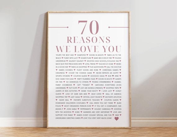 70 Reasons why we love you, 70th Birthday gift for grandma, 80 Things we love about you wall art, Anniversary gift, Custom printable poster