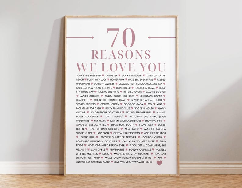 70 Reasons why we love you, 70th Birthday gift for grandma, 80 Things we love about you wall art, Anniversary gift, Custom printable poster image 1