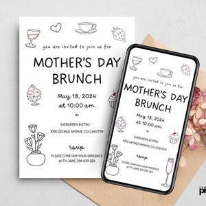 Modello di invito per il pranzo della festa della mamma scritto a mano, illustrazioni disegnate a mano in italiano, stravagante rosa vintage, biglietto schizzato e digitale