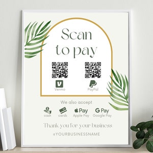 scan to pay Zeichen, druckbares Poster für kontaktloses Bezahlen, qr-Code editierbare Vorlage, kleines Unternehmen, boho shop touchless qr scan Code