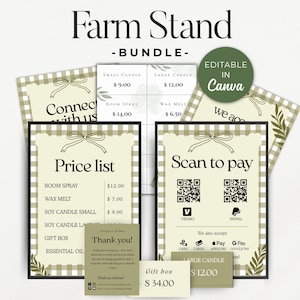 May include: A Farm Stand Bundle graphic with a price list, a "Scan to pay" sign with QR codes, and a "Thank you" card. The design features a gingham pattern, bows, and botanical accents. The text includes "Editable in Canva".