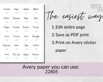 1.5 inch spice jar labels for avery 22805, rectangle stickers template for kitchen, storage organization, green leaf minimalistic square tag