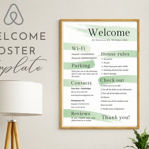 Plantilla de signo de bienvenida de Airbnb de 1 página, cartel de bienvenida, descarga digital de contraseña Wifi, señalización editable, reglas de la casa, instrucciones de salida
