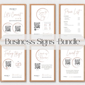 Social Media Business Sign Bundle, QR Code Sign Template, Lets Get Social, Scan to Pay, Preislistenvorlage, bearbeitbare Bewertungszeichen, Tip Jar