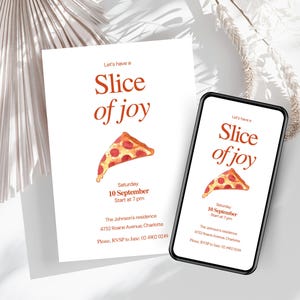 Invitación a Slice of Joy para fiesta de elaboración de pizza, noche de actividades divertidas con amigos, plantilla editable para fiesta de cumpleaños, noche de comida italiana con pizza