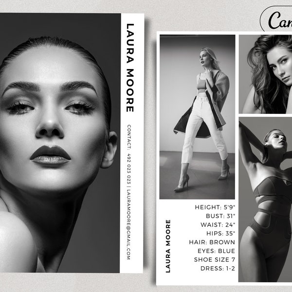 Model Comp Card Template, Modeling Zed Card, Fashion Resume Photo Card, Modeling Compcard, Composiet Z-kaart bewerkbaar in Canva, 5,5x8,5inch