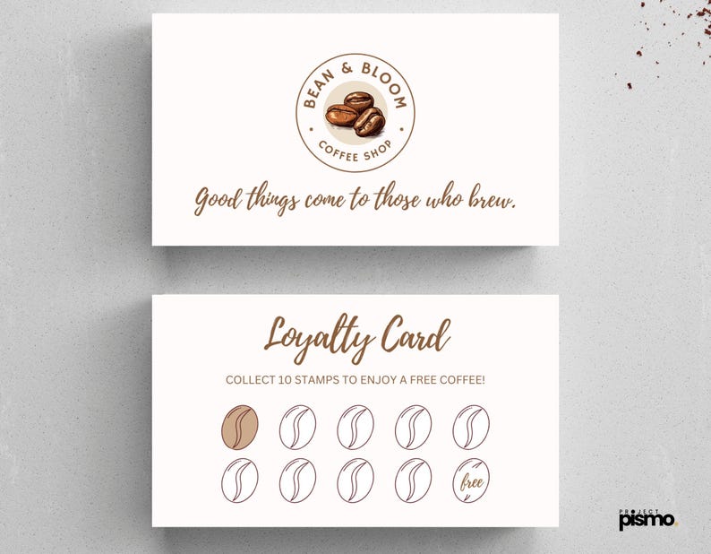 May include: A white loyalty card for Bean & Bloom Coffee Shop. The card has a brown coffee bean design and the text "Collect 10 stamps to enjoy a free coffee!"  The card has 10 spaces for stamps, with the last space marked "free".