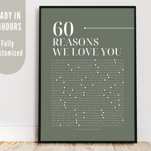60 Reasons We Love Personalised, 40th Birthday Gift Best Friend Present Wife Forty, Sixty Reasons We Love About You, 65 Things Print at Home