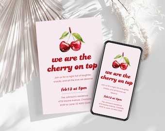 We Are Cherry On Top - Galentines Party Invitation Template, Bachelorette or baby Shower Invite, Cute Valentines Party Girls Night Brunch