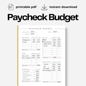 May include: A printable paycheck budget worksheet with sections for savings, bills, debt, expenses, and a summary. The worksheet is designed for the month of August and includes a total income of $2300.