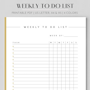 May include: A printable weekly to-do list template with a black and white design. The template includes a section for tasks and a grid for each day of the week, Monday through Sunday. The text "WEEKLY TO DO LIST" appears at the top of the page.
