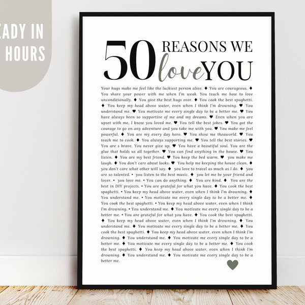 READY IN 24H, 50 Reasons we love you print, 60th birthday party poster, Xmas Present for parents, Things we love about you, Friendship print