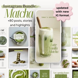 Pode incluir: Uma cole&ccedil;&atilde;o de modelos de postagem do Instagram com bebidas e sobremesas de matcha. Os modelos s&atilde;o projetados em um esquema de cores verde e branco com texto que diz "Matcha", "Latte de baunilha matcha", "Especial do dia", "Novo hor&aacute;rio de abertura", "Conjunto de matcha de luxo de domingo" e "Estamos abertos!"