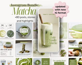 May include: A collection of Instagram post templates featuring matcha drinks and desserts. The templates are designed in a green and white color scheme with text that says "Matcha", "Latte Vanilla Matcha", "Today's Special", "New Opening Hours", "Sunday's Deluxe Matcha Set", and "We Are Open!"