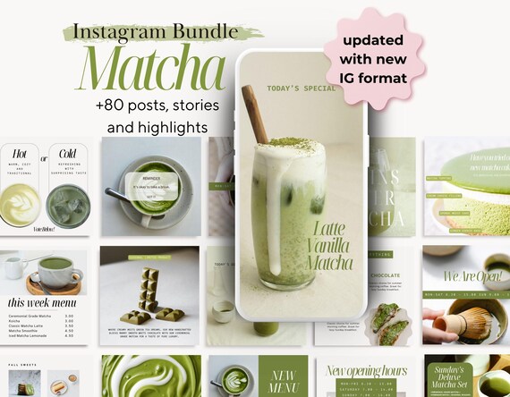 Matcha Instagram Templates for Post and Stories, Coffee and Boba Tea Canva IG Templates, Green Coffee Shop Social Media Marketing Pastel