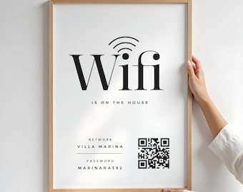 Wifi Password Sign With QR Code Printable, Wifi Sign for Airbnb, Restaurant Editable Wifi Sign Template, 5x7, 8.5x11, 11x14