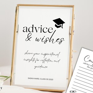 Afstudeeradvies en wensen teken sjabloon, moderne afstudeerdecoratie, Grad-kaarten voor feestactiviteit, woorden van wijsheid voor afgestudeerde Grad