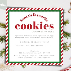 Weihnachtsbäckerei-Quadratetikett, Hausgemachte Cottage-Gesetz für Lebensmittellizenzvorlage, Elf- oder Weihnachtskekse, Allergene-Zutatenliste, Feiertagsetikett