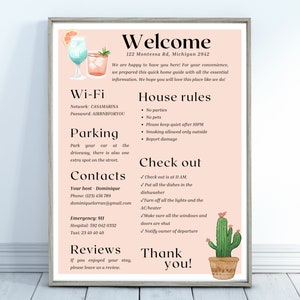 Plantilla de póster de bienvenida de Airbnb de 1 página, información del letrero de bienvenida imprimible, alquiler vacacional, instrucciones de pago, reglas de la casa, wifi, estacionamiento vrbo