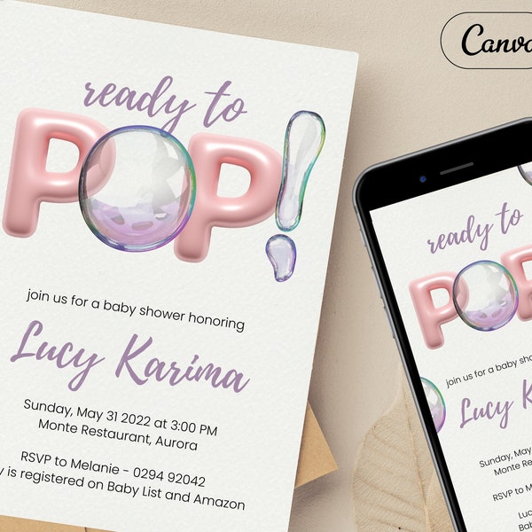 Ready to Pop Party Invite Template, Baby Shower Editable Invitation, Pink Balloons, Print/Text Digital Evite, Instant Download Canva Edit