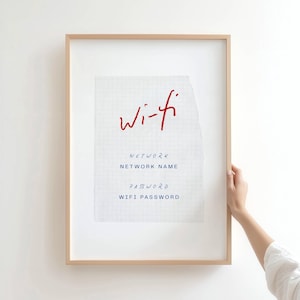 Puede incluir: Un marco de madera clara que contiene una impresión con la palabra "Wi-fi" en rojo en la parte superior. El texto azul debajo indica "Network", "Network Name", "Password" y "Wifi Password". El fondo es un patrón de cuadrícula.