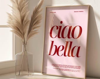 May include: A pink and gold framed print with the text "ciao bella" in red. The text is in a bold, sans-serif font. The print has a quote about confidence and strength.
