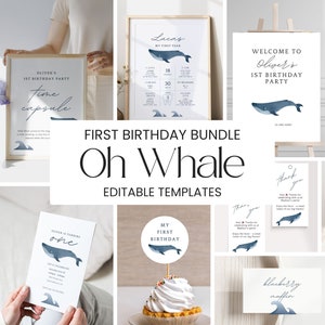 Whale 1st Birthday Invitation & Decoration Bundle (Digital Template)