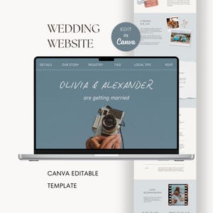 Könnte beinhalten: Ein Laptop zeigt eine Vorlage für eine Hochzeitswebsite. Die Website zeigt den Text "Olivia & Alexander heiraten" und enthält ein Foto einer Vintage-Kamera. Die Vorlage ist in Canva editierbar.