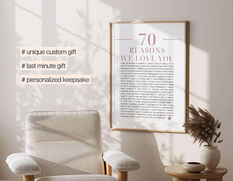 70 Reasons why we love you, 70th Birthday gift for grandma, 80 Things we love about you wall art, Anniversary gift, Custom printable poster image 9